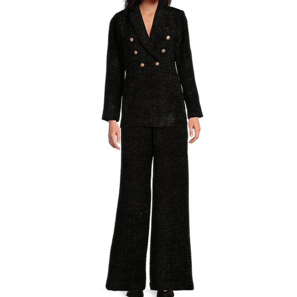 Abbey Glass Carter Boucle Tweed Wide Leg Flat Front Thick High Waistband Trouser